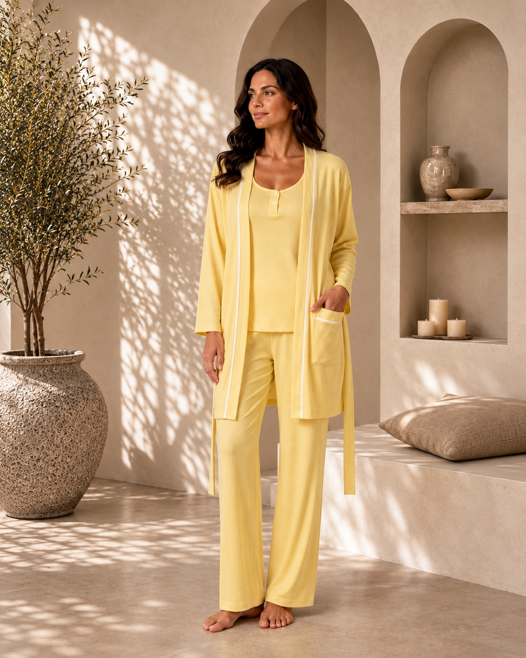 A woman stands barefoot in a warm, sunlit room wearing a matching pale yellow loungewear set consisting of a long-sleeve open-front cardigan and wide-leg pants. The set has thin white piping details along the edges.