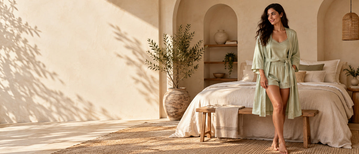 A woman stands barefoot in a sunlit bedroom wearing a light sage green robe and matching shorts set. The room has cream walls, an arched alcove, a bed with neutral bedding, a small bench, and a potted plant.