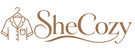 A brown logo graphic featuring a simple line drawing of a pajama shirt on a hanger next to the stylized text 'SheCozy' on a plain white background.